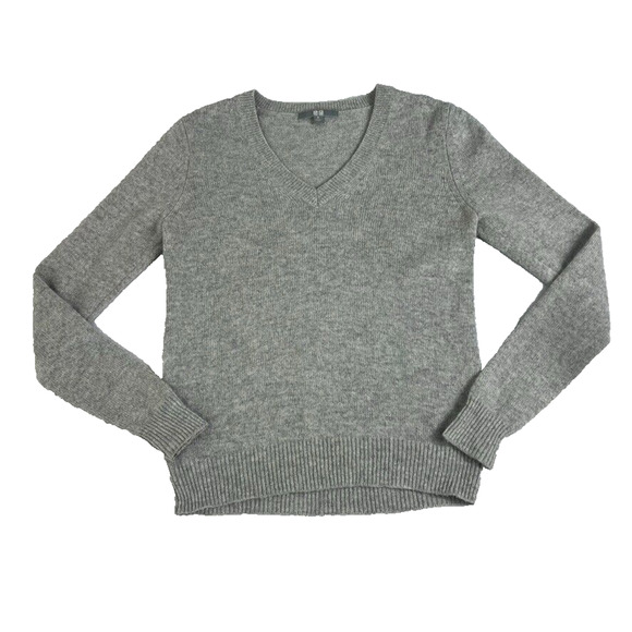 Uniqlo Sweater Womens Medium Gray Alpaca Wool Blend Knit Pullover V-Neck - Picture 2 of 9